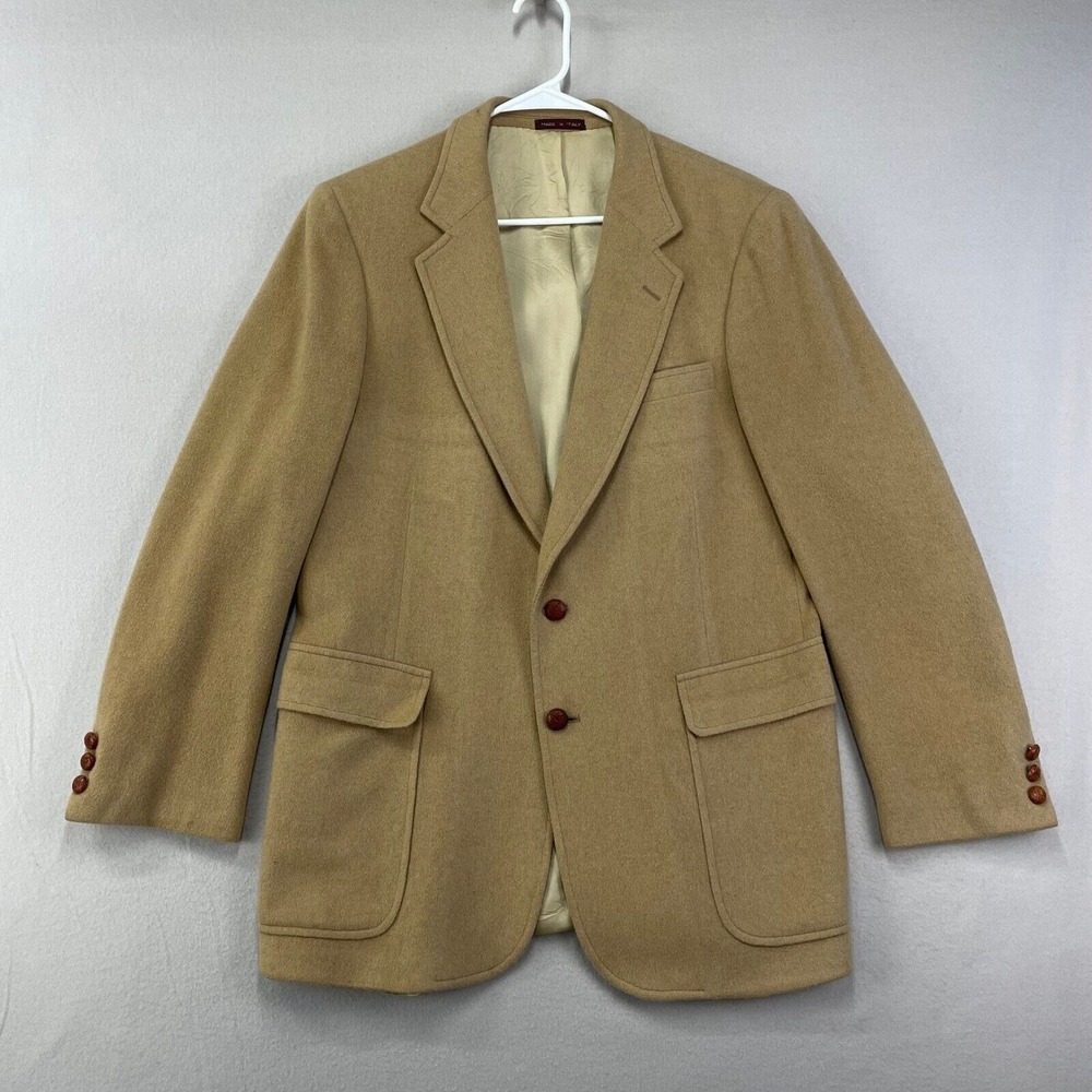 VTG Camel Hair Blazer Jacket Mens 41-Long Tan Leather 2-Button Sport Coat Italy